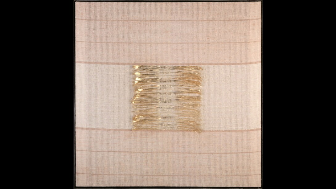 Elizabeth Hohimer, Eclipse 1, 2024, Pine paper, clay, linen, and gold-leafed paper thread,
36 x 36 x 1 1/2 inches. Courtesy of the artist and Gerald Peters Contemporary