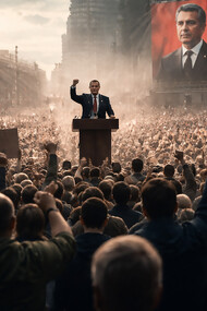 A powerful leader addresses a tightly packed crowd as towering screens amplify his image—an unsettling portrait of modern authority fueled by spectacle and collective surrender