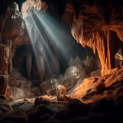 La caverna si manifesta come uno spazio sacro e fuori dal tempo, custode della memoria, degli dei e dell’armonia perduta tra uomini e animali