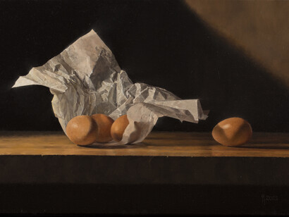 Benjamin Hope, Eggs in Wax Paper, Oil on Canvas, 2013, 43 x 28 cm