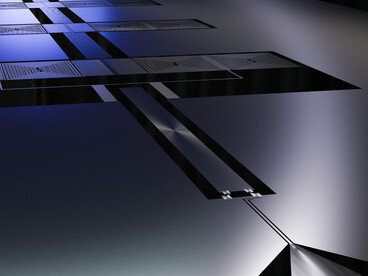 Raffigurazione di un chip quantistico a guida d'onda in metamateriale superconduttore. Realizzata con Blender, utilizzando il motore di rendering Cycles e una GPU Nvidia RTX 4070Ti Super. Opera di OJB Quantum