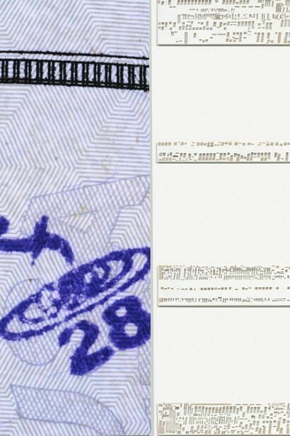 Hugh Scott-Douglas, Torn Cheques, Chopped Bill, 2013, laser cuts on gessoed linen, dye sublimation on linen, 5 panels: 108 x 40 in. (274.3 x 101.6 cm), 12 x 60 in. (30.5 x 152.4 cm), 5 x 60 in. (12.7 x 152.4 cm), 10 x 60 in. (25.4 x 152.4 cm), 8 x 60 in. (20.3 x 152.4 cm)