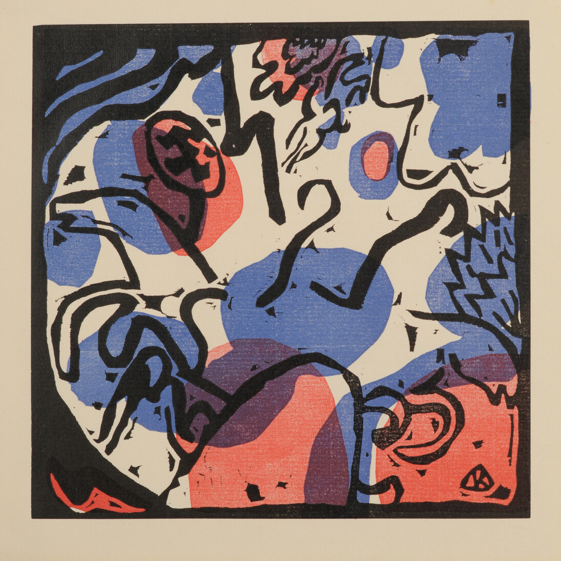 Wassily Kandinsky, Drei Reiter in Rot, Blau und Schwarz / Three Riders in Red, Blue and Black, 1911, Colour woodcut on pale cream laid Van Gelder paper, 28 x 26.8 cm, Collection of McMaster Museum of Art, Purchase, 1990
