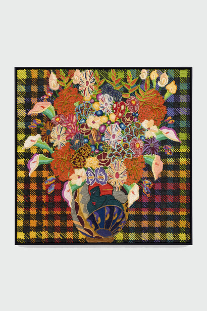 Caroline Larsen, Plaid with Lady with Fan Vase, 2022, Oil on canvas, 48 x 48 inches, 122 x 122 cm. Courtesy of The Hole, New York