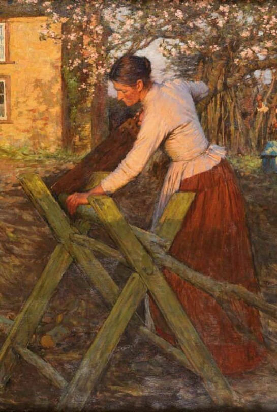 Henry Herbert La Thangue RA NEAC, 1859–1929, In a Cottage Garden (The Sawing Horse), 1896, oil on canvas, 114.3 x 88 cm, 45 x 345⁄8 in