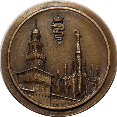 Piero Monassi, D/ Scorcio del Castello Sforzesco con la Torre del Filarete e del Duomo, Anno di emissione: 2007, Fonderia d’Arte: Beltrame, Udine, Bronzo fuso, mm. 60, Medagliere Ambrosiano, Fondo Monassi