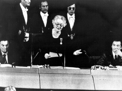 Loussie Weiss, decana de los diputados del Parlamento Europeo, en el discurso inaugural en Estrasburgo tras las primeras elecciones a la Eurocámara en 1979