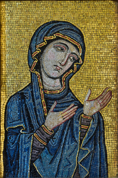 12th century mosaic,
Byzantine-style mosaic showing the Virgin as Advocate for the Human Race, Palermo Cathedral. c.1130-1180 AD, Museo Diocesano