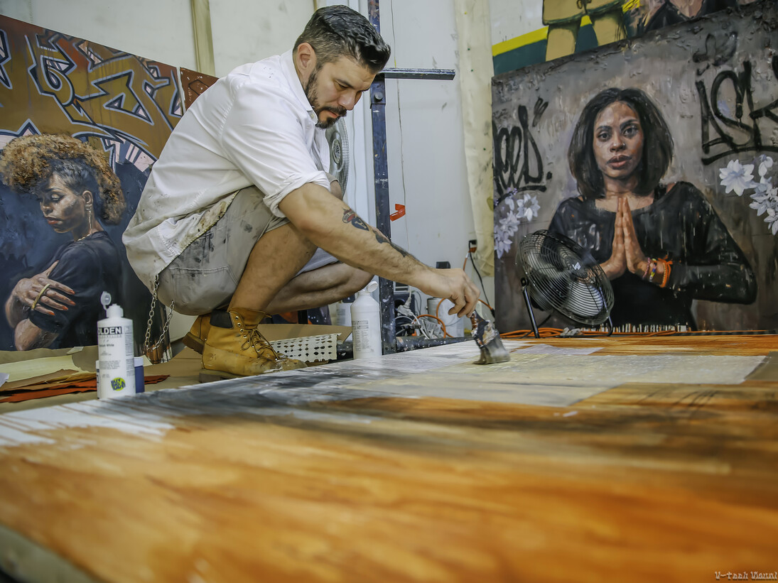 Tim Okamura working in studio. Photo credit: Josh Reynolds