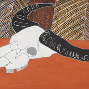 Graham Tipungwuti, Pajungwani amintiya jarrangini pwoja (Death with buffalo skull) (detail). Courtesy of Outstation Gallery