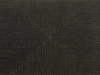 Sturtevant (American, 1924–2014). Stella Arbeit Macht Frei. 1989. Black enamel on canvas. 7′ 1/4″ × 10′ 3 5/8″ x 3 1/8″ (214 x 314 x 8 cm). Collection Thaddaeus Ropac, Paris–Salzburg. Photo: Charles Duprat.© Estate Sturtevant, Paris