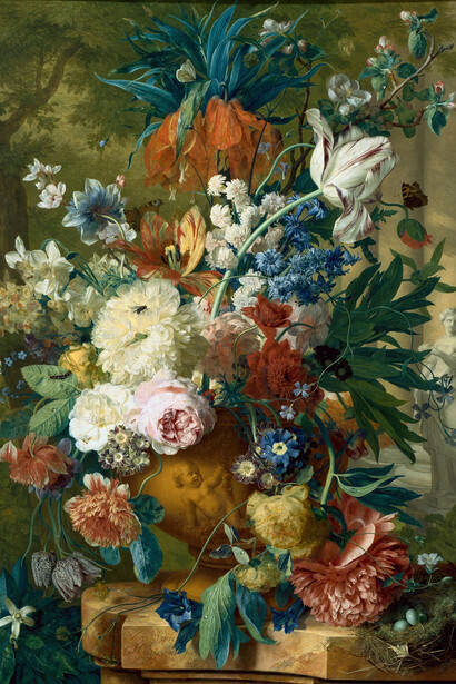 Jan van Huysum, Flowers in a Vase with Crown Imperial and Apple Blossom at the Top and a Statue of Flora 1731-2, Private Collection