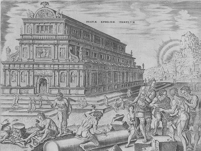 Templo de Artemisa en Éfeso, grabado de Philips Galle incluido en "Las Siete Maravillas del Mundo Antiguo" (1572)