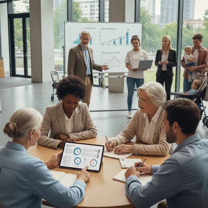 Executives and younger colleagues engage in a dynamic discussion centered around an analytics whiteboard, illustrating the vital collaboration required as society adapts to prolonged life expectancy and the changing workforce