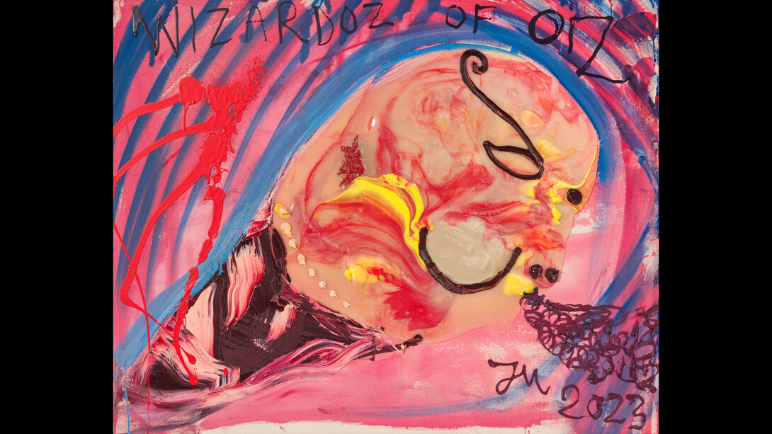 Jonathan Meese, "Baby-Zirkus Lacht!", 2023, huile, acrylique et Caparol sur toile de coton, 80×100,5x3,5 cm, photo by Roman März. © Courtesy the artist and Templon, Paris —Brussels — New York