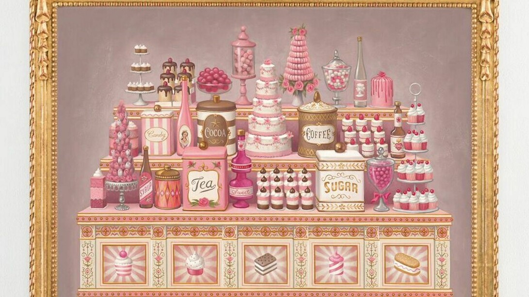 Mark Ryden, Dessert Counter, 2016, oil on panel18 x 24 inches, 45.7 x 61 cm, 22 1/2 x 26 3/4x1 1/4 inches, framed, 57.1 x 67.9 x 3.2 cm. Courtesy of Paul Kasmin Gallery