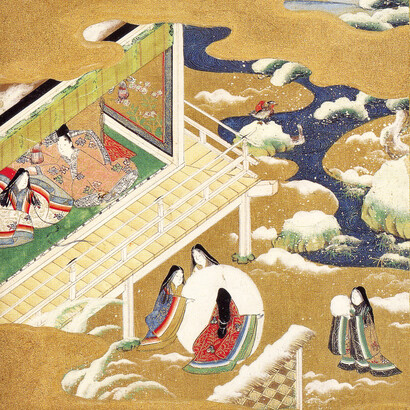 Illustrazione del capitolo 42, – 朝顔 Asagao ("La campanula"). Attribuita a Tosa Mitsuoki (1617–1691)