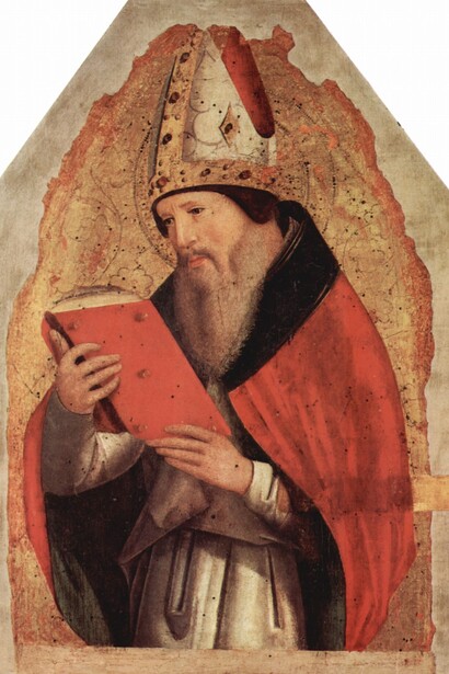 Sant'Agostino, il filosofo e teologo dei "Confessioni", ha posto le basi della dottrina cattolica con la sua profonda riflessione sull'anima, la grazia e il rapporto tra fede e ragione. Cuspide di polittico con i Dottori della Chiesa, "Sant'Agostino", Antonello da Messina, 1470, Palermo, Galleria regionale di Palazzo Abatellis