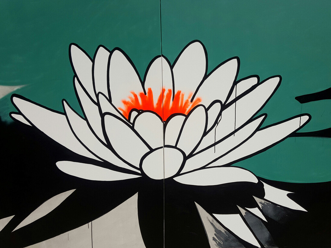 Pure Evil, Lotus 2015, Spray and Ink on Canvas, 60” x 96”, Copyright Pure Evil
