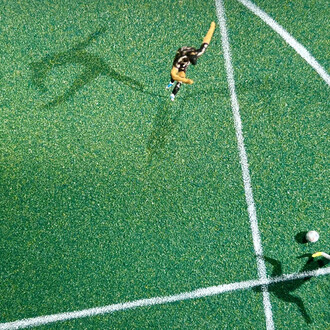 Lyndon J. Barrois, Sr., Brazil 2–0 Germany, 2002, Brazil’s Ronaldo slips past
Germany’s Oliver Kahn to score, detail of Fútballet, 2018. Courtesy of Los Angeles County Museum of Art