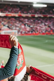 A fan holding a Liverpool scarf high in the stands