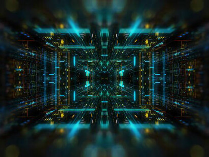 In the data center, a man equipped with LED lights efficiently manages the server racks during the moving process