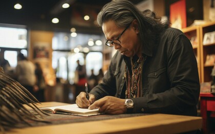 A man writing among blurred crowds, symbolising passion that survives regardless of public attention