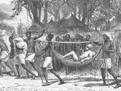 African porters transport British colonial officials through the Congo region, 1877
