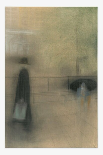 Rasmus Eckhardt, Strangers in Union Square Park, 2024, soft pastel on wood, 48 x 32 in. Courtesy of the artist and Shrine Gallery
