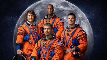 Reid Wiseman, Victor Glover, Christina Koch, and Jeremy Hansen, the crew of Artemis II, poised before the Moon as they prepare to resume humanity’s journey into deep space