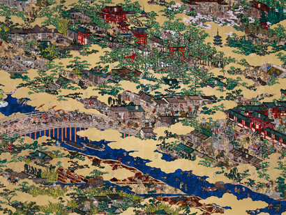 Takashi Murakami, Rakuchū-Rakugai-zu Byōbu: Iwasa Matabei RIP, , 2023–24 (right panel). Courtesy of Gagosian