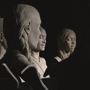 Helga Vockenhuber, Apokatastasis, (sette busti in bronzo così disposti: Fiore del volto, 2012, bronzo, 44 x 31 x 60 cm, Dentro di me, 2012, bronzo, 40 x 30 x 60 cm, Meditando la musica del cuore, 2012, bronzo, 44 x 36 x 60 cm, Ékstasis, 2012, bronzo, 44 x 36 x 60 cm, Il Nuovo Adamo, 2012, bozzetto in bronzo, 38 x 29 x 61 cm, La Nuova Eva, 2012, bozzetto in bronzo, 38 x 32 x 63 cm, Gebet zum schweigen gebracht, (Preghiera che conduce al silenzio), 2012, bronzo, 44 x 31 x 60 cm
