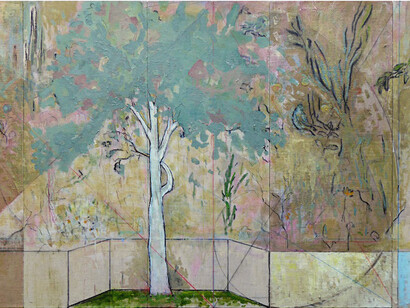 Harry Adams, 2014, Impossible garden of the perpetual here and now, oil characoal and beeswax encaustic on cotton covered boards, 152 × 305 cm