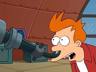 Fry usando el oloroscopio. La escena resalta el estilo característico de la serie, combinando comedia ligera con elementos de ciencia ficción especulativa