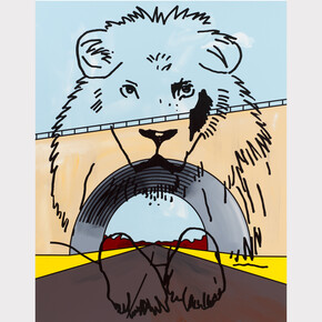 Adam McEwen,
Lion/Portal, 2024. Acrylic on canvas, 72 x 57 x 1 1/2 inches (182.9 x 144.8 x 3.8
cm)
© Adam McEwen Photo: Maris Hutchinson Courtesy the artist and Gagosian