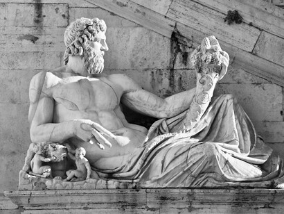 Scultura di Tiberinus, originariamente realizzata nel II secolo d.C. e doveva rappresentare il fiume Tigri, ma fu successivamente modificata per rappresentare il fiume Tevere. Piazza del Campidoglio a Roma, Italia