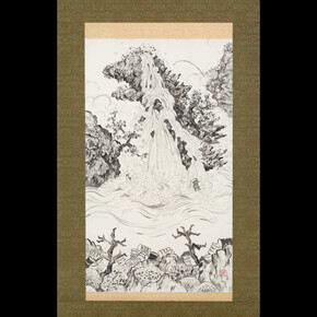 Hayaki Nishigaki, Floating along the coast 1. 2023, approx. 1450×400mm, washi, sumi, on hanging scroll. Courtesy the artist and Ronin Gallery
