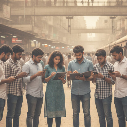 Young hopefuls navigate India’s busy streets, reflecting fierce job market competition. Many face unemployment yet persist, upskilling with laptops and books to adapt and succeed