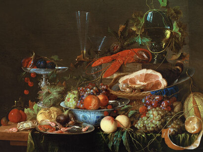 Jan Davidszon de Helm,  Natura morta con prosciutto, aragosta e frutta, 1642