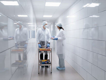 In the pristine setting of a research facility, a scientist donned in a spotless white lab coat confidently moves through a brilliantly lit corridor, epitomizing the essence of scientific exploration