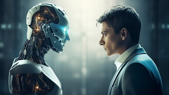 View of robot next to human businessperson