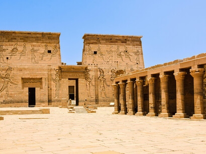 The historic Philae Temple complex rises from the surrounding waters, Aswan, Egypt