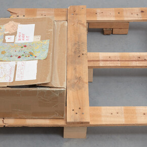 Susan Cianciolo, Being a Nurse Kit, 2015, cardboard boxes with wood blocks, popsicle sticks, drawings, photographs, fabricated insect wings, nurse costume, 35.5 x 93.5 x 54.5 cm, 14 x 36 3/4 x 21 1/2 ins, (MA-CIANS-00011) courtesy Stuart Shave/Modern Art, London 