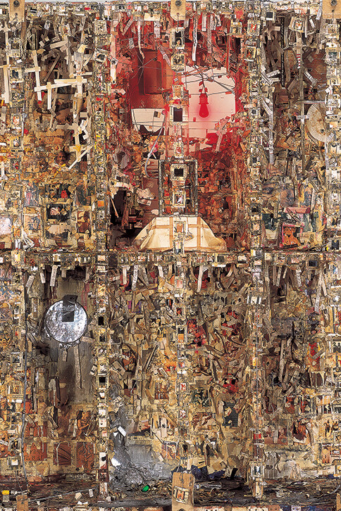 Shinro Ohtake, Retina (New Tong of Tangier I), 1992 - 93, Fly, plastic fly, oil, oil varnish, oil stick, wood glue, persimmon tannin, plastic resin, felt-tip pen, spray paint, putty, photograph, printed matter, cardboard, thin paper, paper, plastic sheet, cotton cloth, cotton thread, hemp cloth, wire, iron, plastic pipe, brass rivet, brass grommet, Japanese paper book, nail, leather, bulb, socket, electric wire, wooden box, iron board, balsa, can, wood, wooden block, wooden shelf, 216 x 212 x 82 cm, Courtesy of the artist and Take Ninagawa, Tokyo