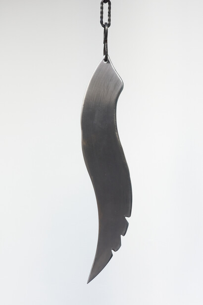 Tarek Lakhrissi, Betraying community, 2021. Steel and steel chains. 50 x 12 cm. Courtesy of Vitrine, London. Photo by Jonathan Bassett