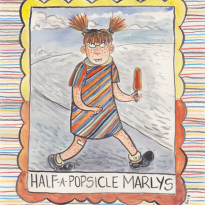 Half-A-Popsicle Marlys, 2013
Ink, watercolor, crayon on paper
9 1/2" x 8". Courtesy of Adam Baumgold