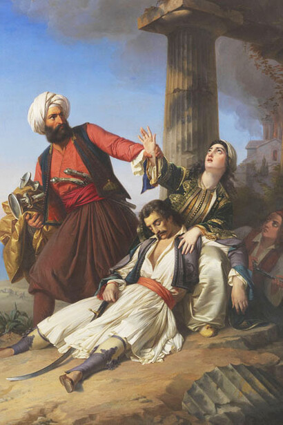 Scene from the Greek War of Independence, an 1841 oil on canvas by Paul Emil Jacobs, measures 134 x 113 cm