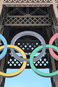 Olympic rings on the Eiffel Tower, Paris 2024, France