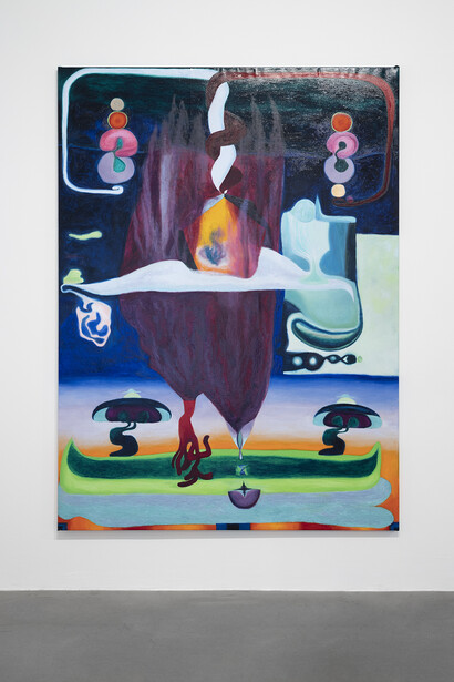 Viktorie Langer, Purple Flame, 2022, oil on canvas, 190 x 140 cm. Exhibition view: Leontína Berková