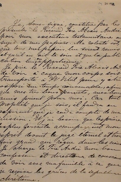 Last wishes of Louis Riel, expressed to Reverend Father Alexis André, November 16, 1885. Gift of Brian McGreevy, M20193 © McCord Museum